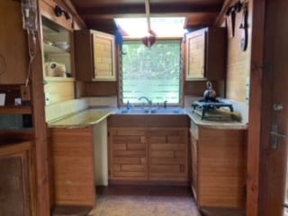 kitchen featuring wooden walls and sink