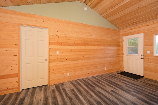 spare room with dark hardwood / wood-style flooring, wood ceiling, lofted ceiling, and wood walls