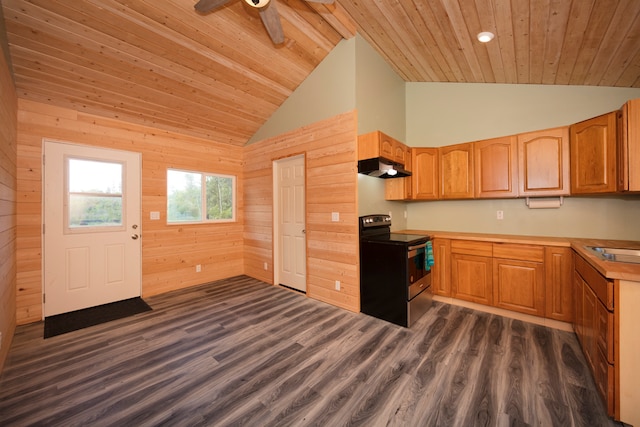 kitchen with wooden ceiling, high vaulted ceiling, dark hardwood / wood-style floors, black / electric stove, and wooden walls