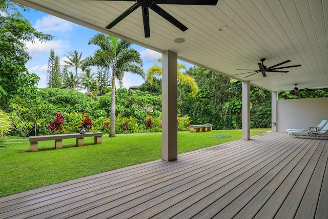 deck with a yard and ceiling fan