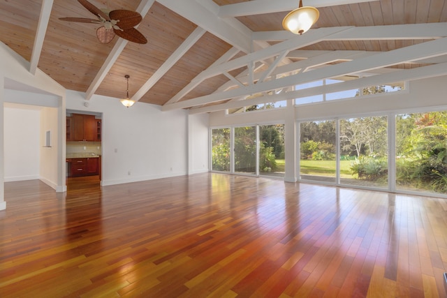 interior space with beamed ceiling, hardwood / wood-style flooring, high vaulted ceiling, and ceiling fan