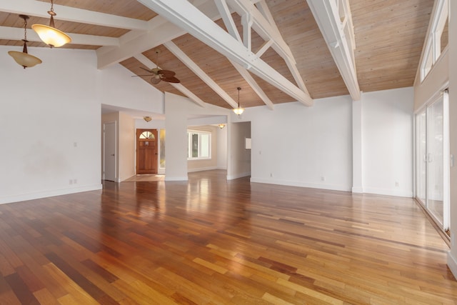 unfurnished living room featuring beamed ceiling, ceiling fan, light hardwood / wood-style floors, and high vaulted ceiling