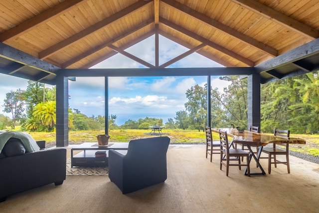 sunroom with lofted ceiling with beams and wooden ceiling