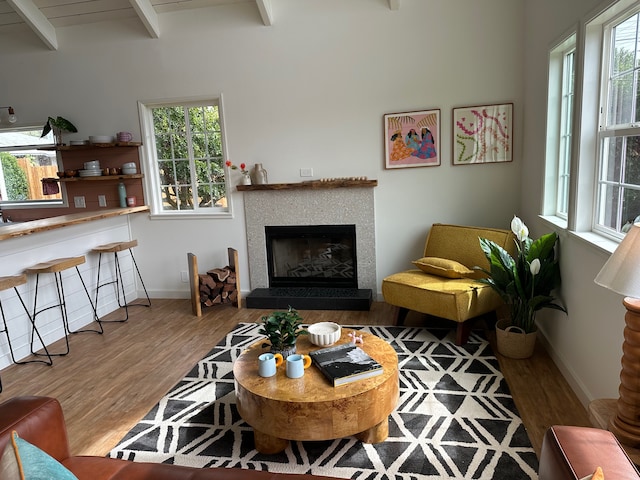 living room featuring hardwood / wood-style floors, beamed ceiling, and a healthy amount of sunlight