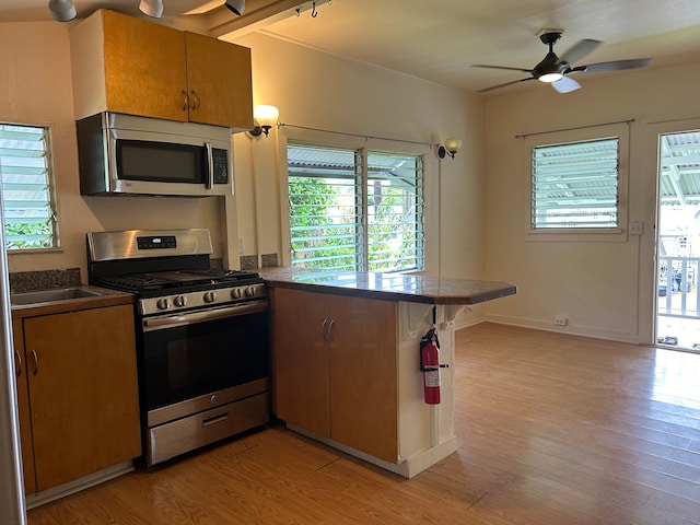 kitchen with kitchen peninsula, light wood-type flooring, stainless steel appliances, and a wealth of natural light