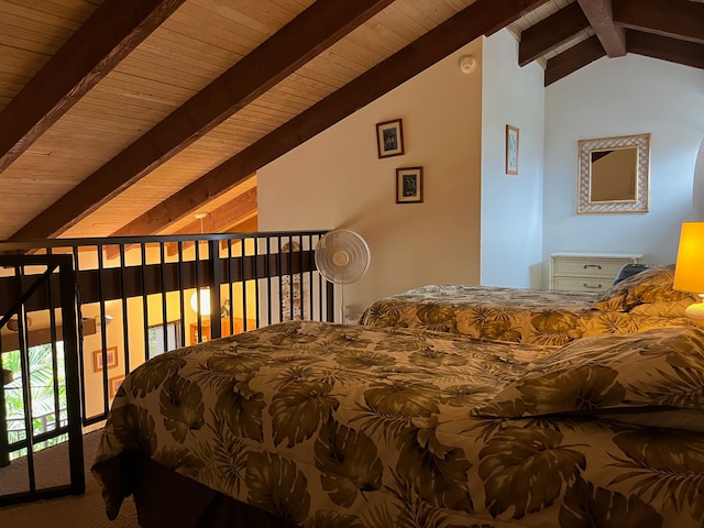 bedroom featuring wood ceiling and lofted ceiling with beams