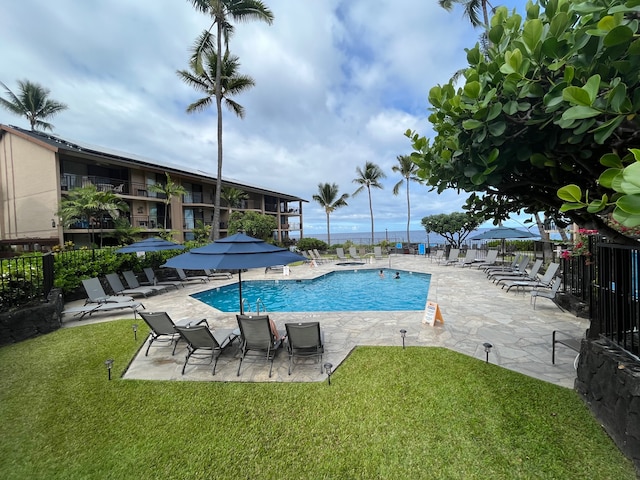 view of pool featuring a patio and a lawn