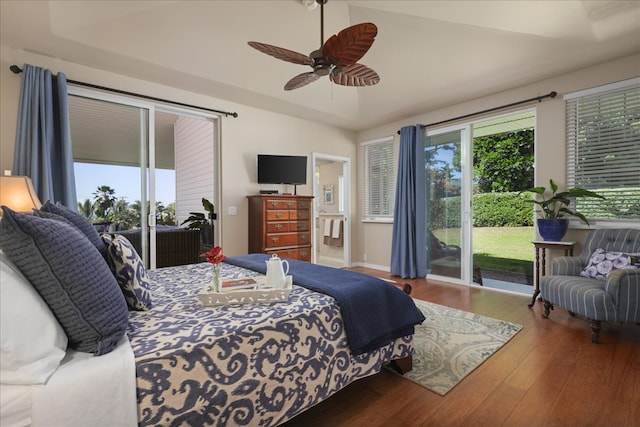 bedroom featuring wood-type flooring, access to outside, and ceiling fan