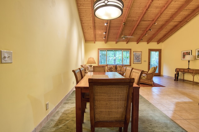 dining room featuring beam ceiling, tile patterned floors, and wooden ceiling