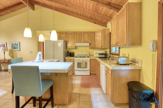 kitchen featuring pendant lighting, white appliances, wooden ceiling, beamed ceiling, and tile counters