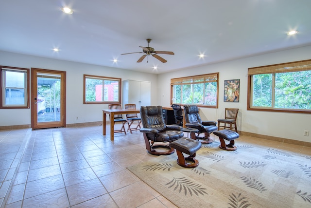 living room with ceiling fan