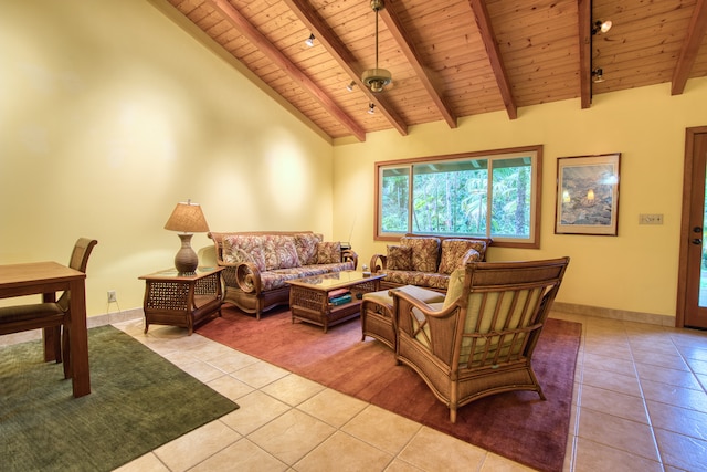 living room with beamed ceiling, high vaulted ceiling, wooden ceiling, and light tile patterned flooring