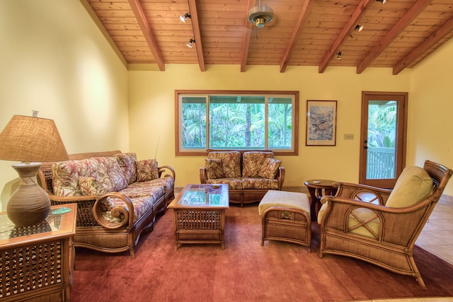 living room with a wealth of natural light, beamed ceiling, and wooden ceiling