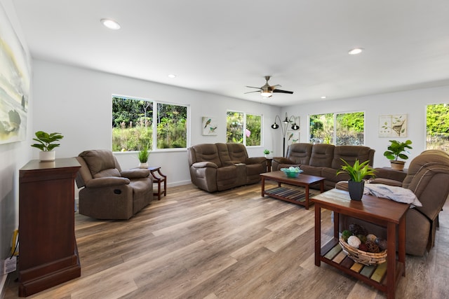 living room with ceiling fan and hardwood / wood-style flooring