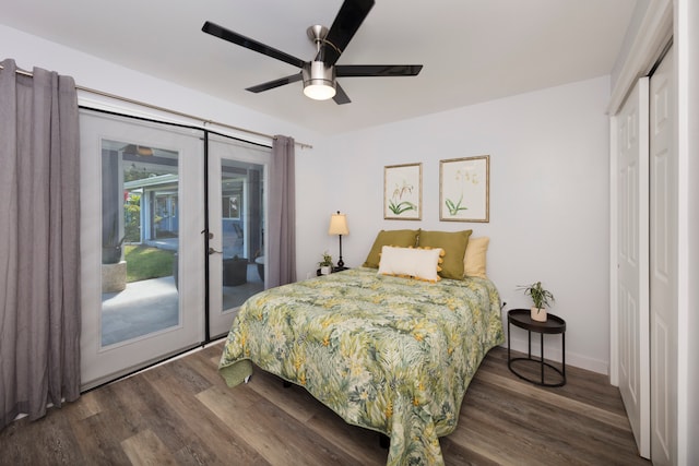 bedroom featuring access to outside, ceiling fan, a closet, and dark hardwood / wood-style floors