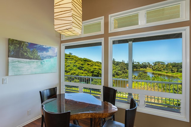 interior space featuring plenty of natural light, a water view, and hardwood / wood-style flooring