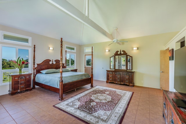 bedroom with multiple windows, tile patterned floors, ceiling fan, and beamed ceiling