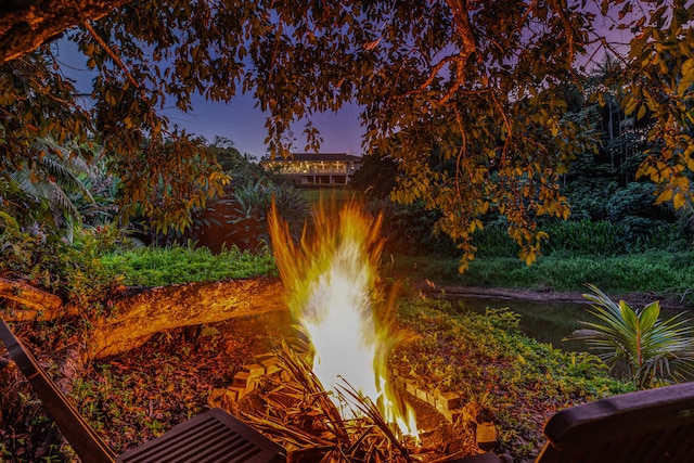 view of water feature featuring an outdoor fire pit