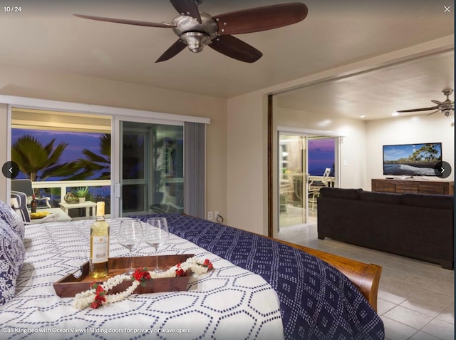 bedroom with access to outside, ceiling fan, and light tile patterned flooring