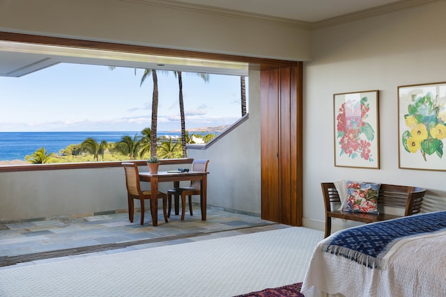 bedroom featuring carpet flooring, a water view, and ornamental molding