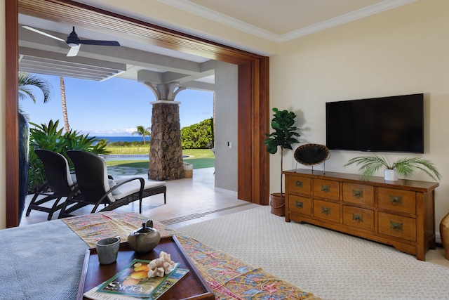 carpeted living room with ceiling fan and crown molding