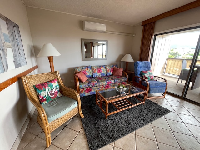 tiled living room with a wall unit AC and a textured ceiling