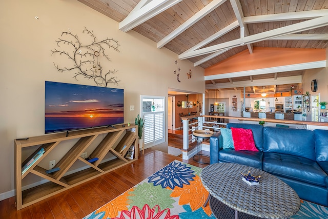 living room featuring beam ceiling, wood ceiling, wood-type flooring, and high vaulted ceiling