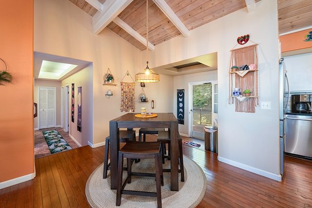 dining room with dark hardwood / wood-style flooring, beamed ceiling, wooden ceiling, and high vaulted ceiling