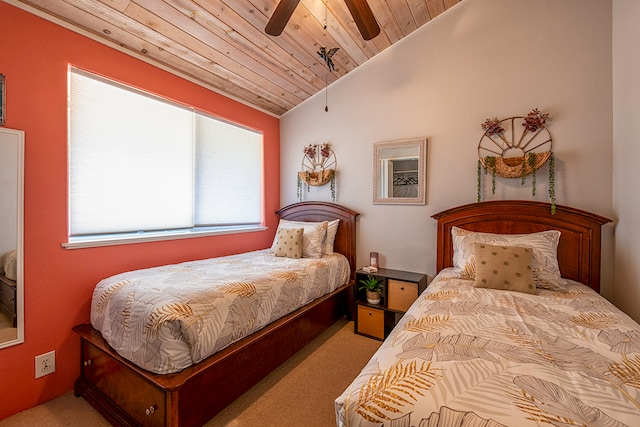 bedroom with light carpet, vaulted ceiling, ceiling fan, and wood ceiling