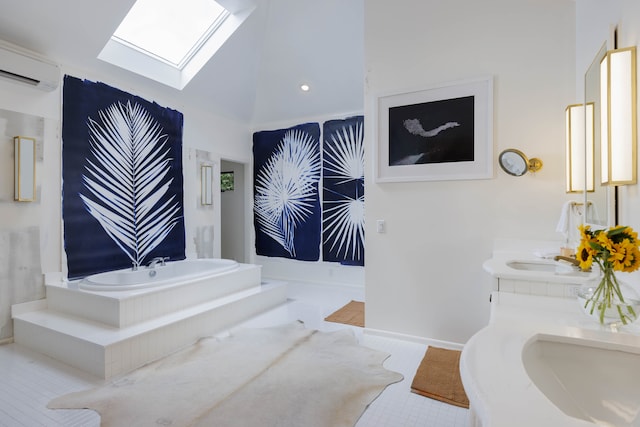 bathroom featuring tile patterned floors, a wall mounted AC, vanity, and vaulted ceiling