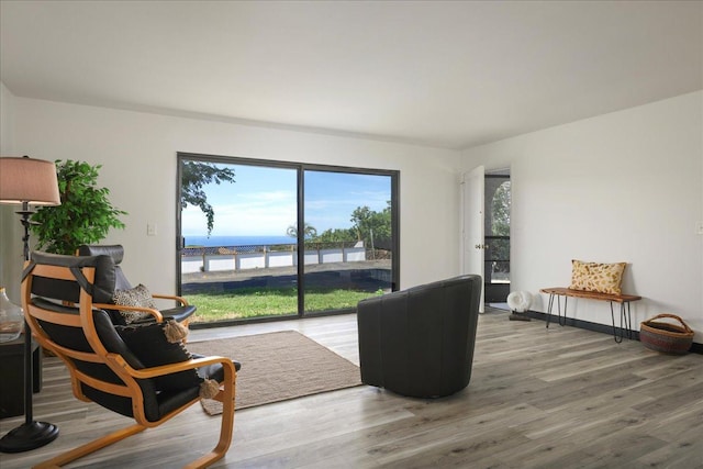 living room with wood-type flooring and a water view