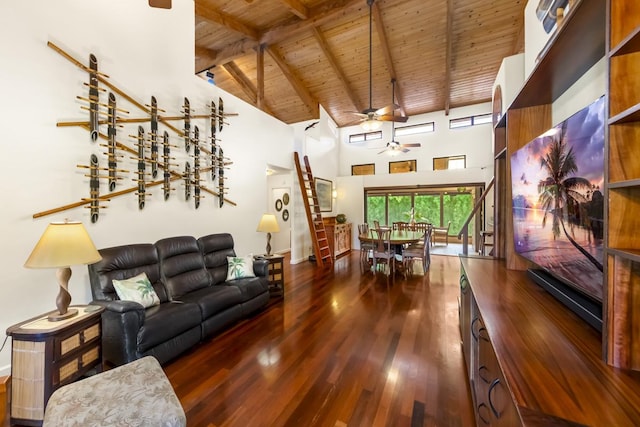 living room featuring high vaulted ceiling, ceiling fan, beamed ceiling, dark hardwood / wood-style flooring, and wood ceiling