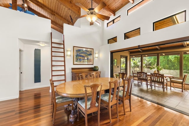 dining room with beam ceiling, ceiling fan, a towering ceiling, and wooden ceiling