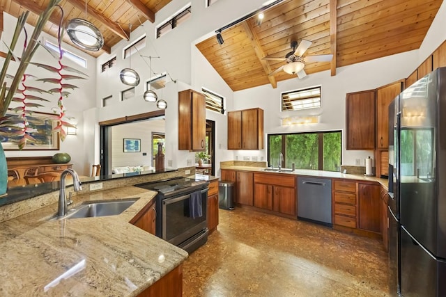 kitchen with stainless steel appliances, sink, beam ceiling, high vaulted ceiling, and wooden ceiling