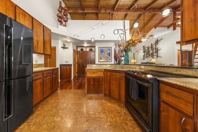 kitchen with wood ceiling, ceiling fan, sink, black appliances, and vaulted ceiling with beams