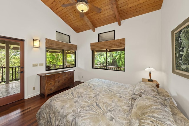 bedroom with wood ceiling, access to outside, ceiling fan, beamed ceiling, and dark hardwood / wood-style floors