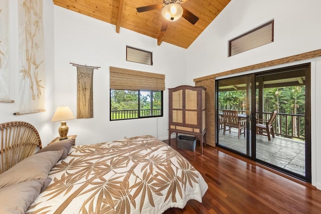 bedroom featuring dark hardwood / wood-style flooring, access to outside, high vaulted ceiling, wooden ceiling, and beamed ceiling