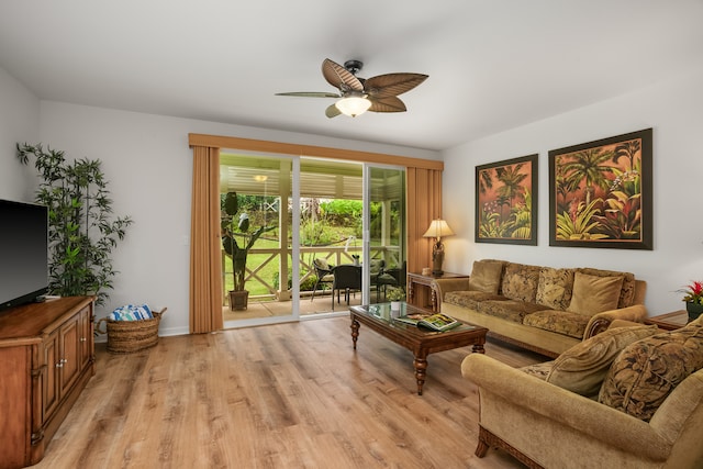 living room featuring ceiling fan and light hardwood / wood-style floors