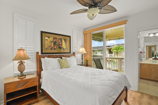 bedroom featuring ensuite bathroom, sink, ceiling fan, access to exterior, and light hardwood / wood-style floors