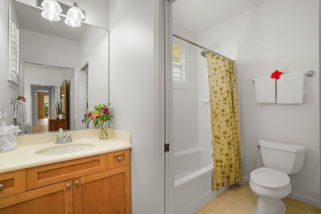 full bathroom with tile patterned flooring, plenty of natural light, toilet, and shower / bathtub combination with curtain