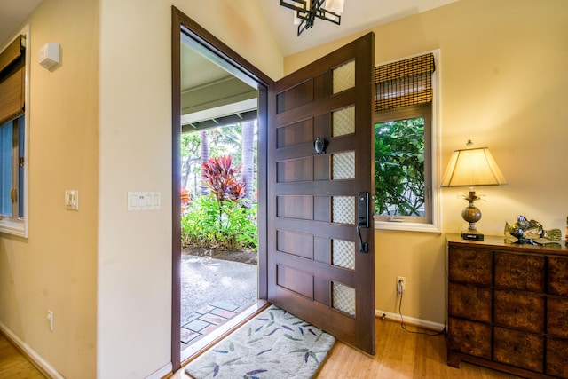 foyer entrance featuring light hardwood / wood-style floors and vaulted ceiling