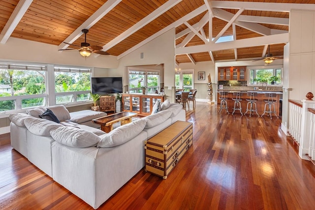 living room with beam ceiling, dark hardwood / wood-style flooring, plenty of natural light, and wood ceiling