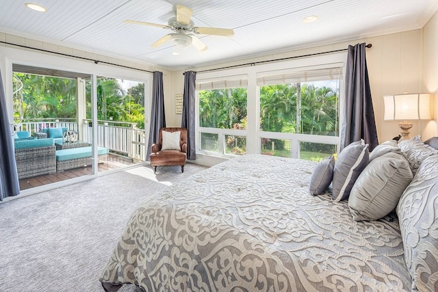 bedroom with access to exterior, carpet, ceiling fan, and ornamental molding