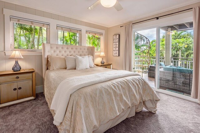 carpeted bedroom featuring ceiling fan, access to exterior, and crown molding