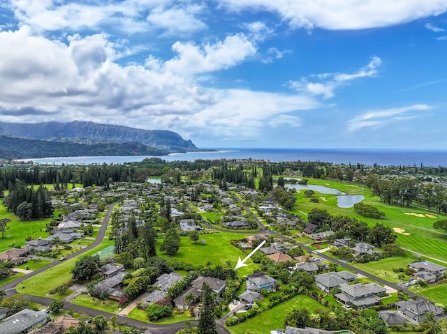 bird's eye view featuring a water and mountain view