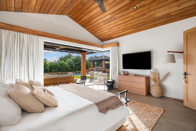 tiled bedroom with lofted ceiling and wooden ceiling