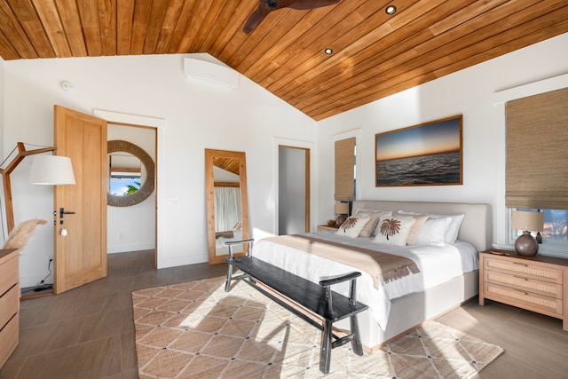 tiled bedroom with vaulted ceiling and wooden ceiling