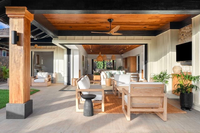 view of patio / terrace featuring ceiling fan and an outdoor hangout area