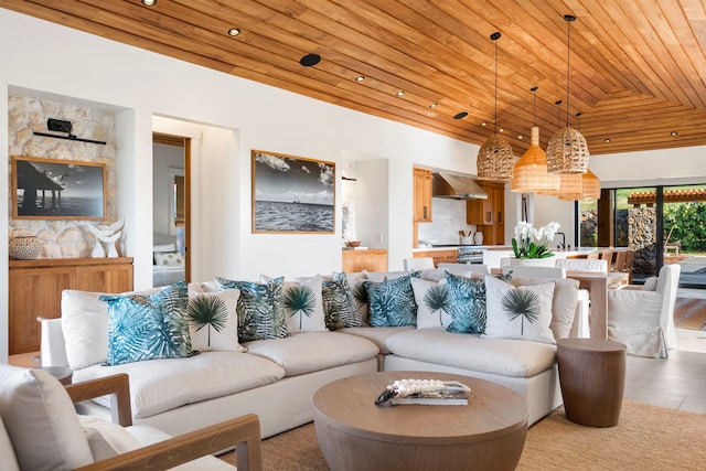 tiled living room with wooden ceiling