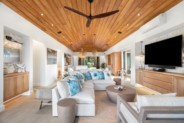 living room featuring light hardwood / wood-style flooring, a wall unit AC, ceiling fan, and wood ceiling